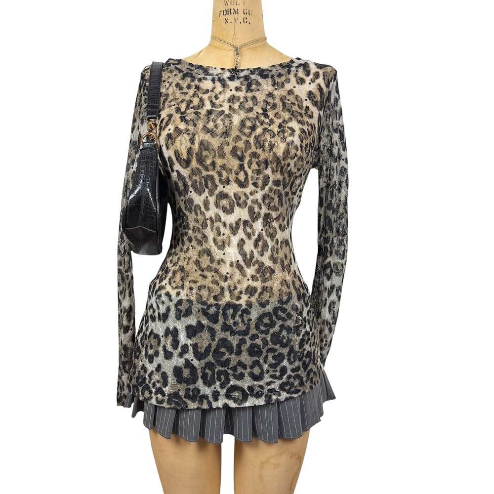 Y2K Indie Sleaze Leopard Lace Mesh Top Sequin Long Sleeve Sheer Rockstar GF M